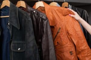 womens leather jackets on rack