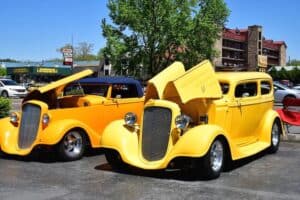 yellow hot rods at The Rod Run in Pigeon Forge 